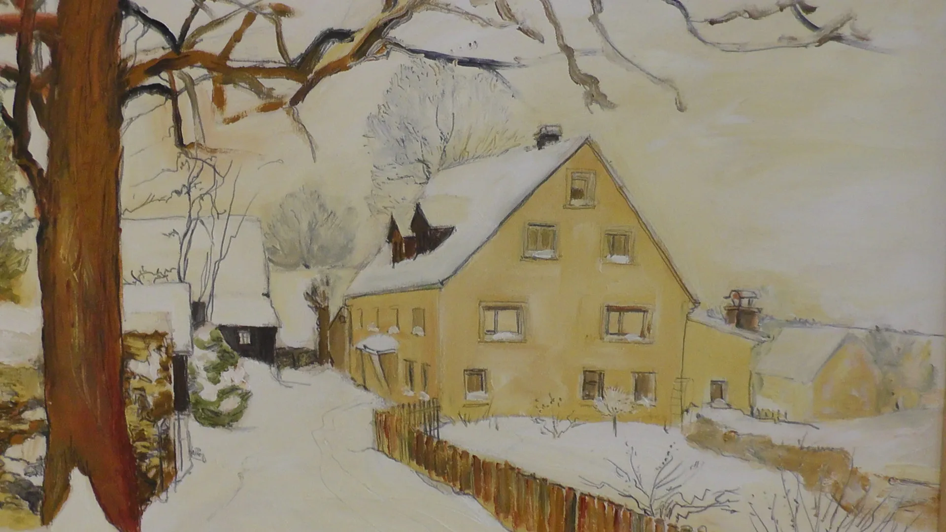 Gemälde einer verschneiten Dorfstraße mit gelbem Wohnhaus und kahlem Baum